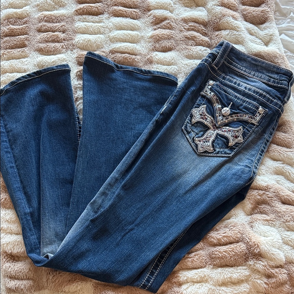 Miss Me Dark Blue Flare Jeans with Embellished Pockets